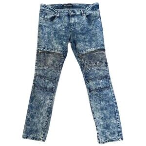 Rok Handcrafted Faded Acid Wash Moto Tapered Leg Zip Pocket Jeans Sz 34 X 32